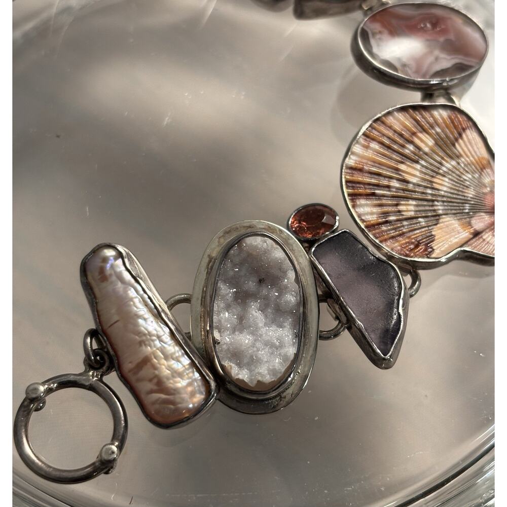 Echo Of The Dreamer Sterling/Pearl/Shell/Druzy/Glass/Tourmaline/Agate BRACELET - Picture 3 of 9
